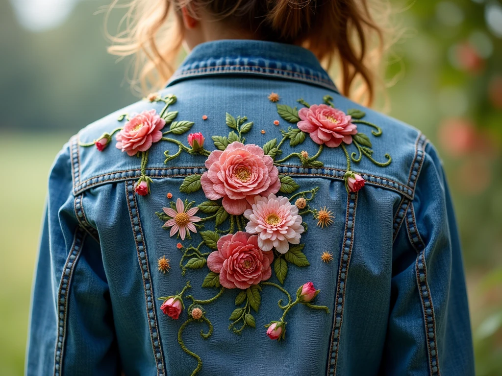 Vintage denim jacket transformed with floral embroidery